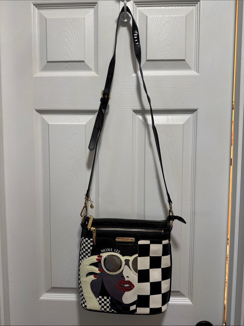 Nicole Lee Black & White Checkerboard Crossbody with Face Graphic
